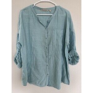 SOFT SURROUNDINGS Classic BLUE LINEN TUNIC SHIRT 3/4 SLEEVES BUTTON UP SZ L